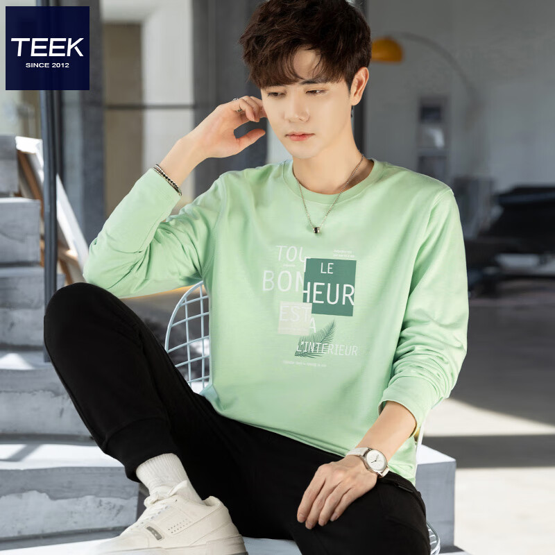 TEEK秋季薄荷曼波长袖绿色t恤男士休闲上衣服 2025男装秋冬体恤打底衫 HE59V浅绿 L