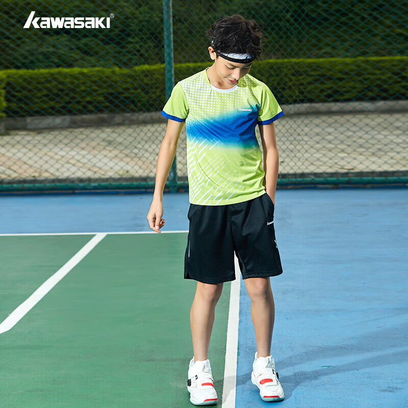 川崎（KAWASAKI）儿童羽毛球服运动服夏装圆领速干短袖T恤A4077 樱草绿 130