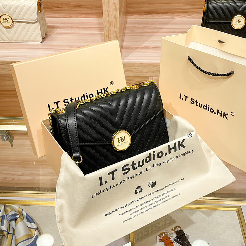 mospoke严选品牌风琴小方包时尚链条包夏季斜挎包新款潮百搭 黑色