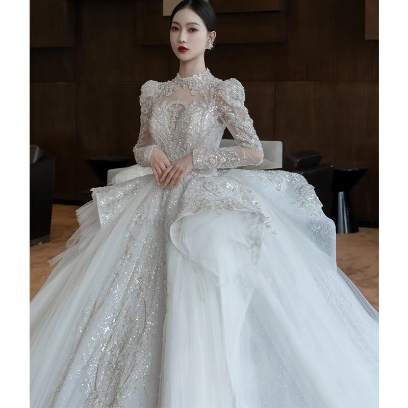 大拖尾长袖婚纱新娘主婚纱礼服新娘2022新款风重工法式v领星空 齐地（+头裙撑）+4米头纱 M_现货怎么看?