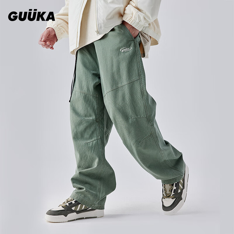 古由卡（GUUKA）潮牌复古廓形伐木裤男冬新款 青少年加厚底特律工装裤宽松易穿搭 草绿X60461 S