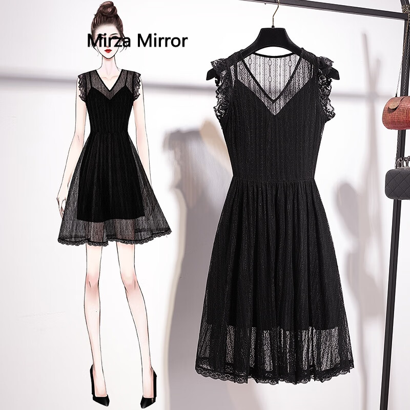 Mirza Mirror黑色蕾丝连衣裙夏原创设计女装小个子穿搭轻熟性感网纱吊带小黑裙 黑色 M