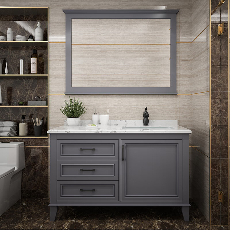 美式浴室柜落地橡木卫浴柜智能镜柜洗脸 80公分橡木平面镜子