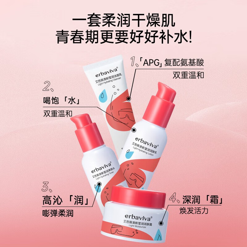 艾芭薇(Erbaviva)青少年清新莹润保湿护肤套装(洁面+爽肤水+乳液+面霜)男女学生 清新莹润护肤礼盒
