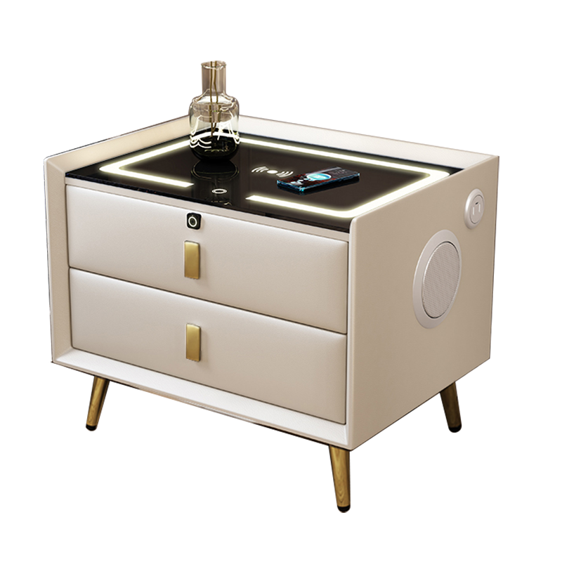 【工来工往】床头柜白色金配饰北欧床头柜大号床头柜现代简约收纳小柜子储物柜宿舍卧室床边柜整装 金色（三色灯+USB充+无线充+蓝牙音响+智能锁）