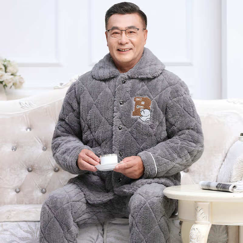 圣马奇保罗睡衣冬季三层加厚加绒男士夹棉珊瑚绒中爸爸保暖家居服套装
