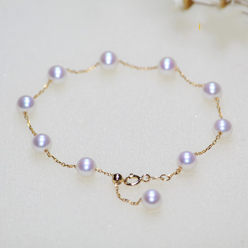 蓝铂丽akoya海水珍珠手链18k金满天星调节链极强光 b款18k金链调节球