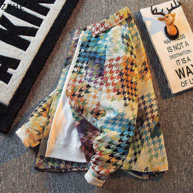 zkhe渐变千鸟格衬衫男长袖秋季新款高级感痞帅宽松格子衬衣外套男 图