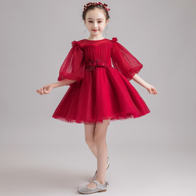 晚礼服公主裙蓬蓬纱小女孩花童婚纱演出服高贵洋气白色夏 酒红色短款