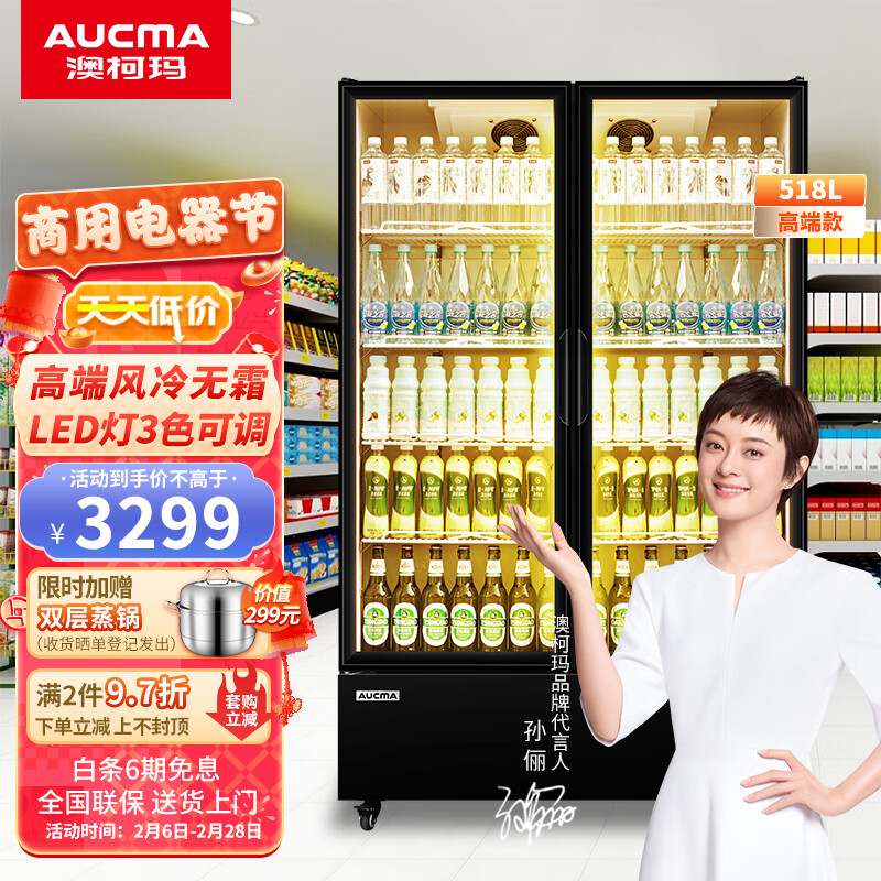 澳柯玛（AUCMA）风冷展示柜 双门立式冷藏饮料柜商用 超市立式冰柜啤酒柜冷饮陈列柜商用冰箱大容量 518升丨LSC-518DW