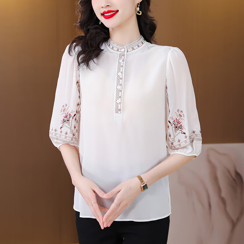 wvhk23年新款刺绣上衣女士春夏季立领真丝小衫复古别致显瘦半袖桑蚕丝