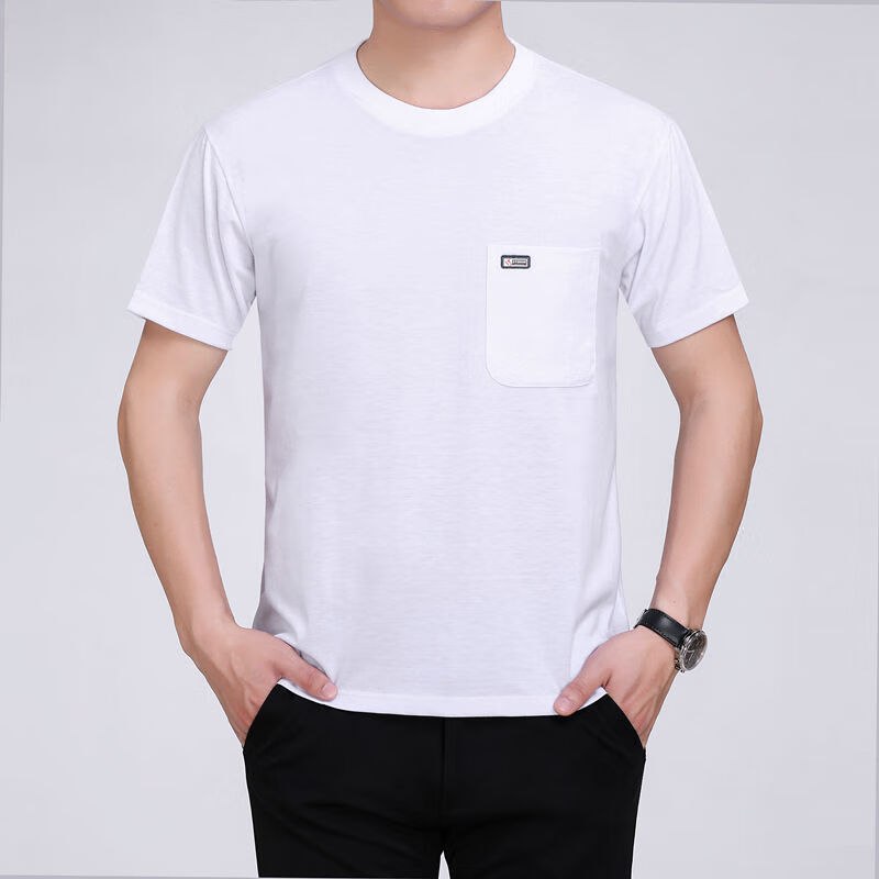 口袋中老年男士t恤爸爸短袖春夏装纯棉汗衫口袋中年短袖老人半袖上衣