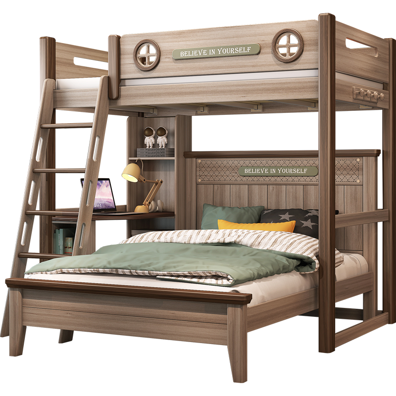 格杰 全实木儿童床男孩交错式上下床双层床高低床1.5米书桌床一体 木蜡油 床架+1.5米直屏简易床+0.4米书桌+爬梯 上120*200cm 下150*200cm