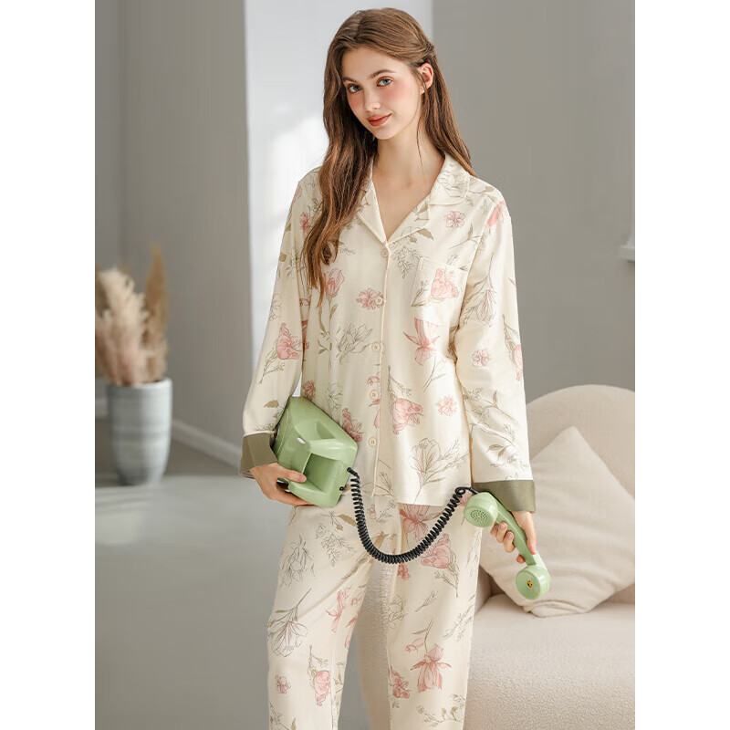 芬腾新款睡衣女春秋季纯棉开衫长袖休闲加大码全棉碎花家居服套装 米底花 L 建议:110-125斤