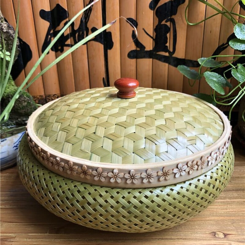 竹编果盘零食水果盘手工细编工艺 留青加盖 干果盘茶道 龟背编织法