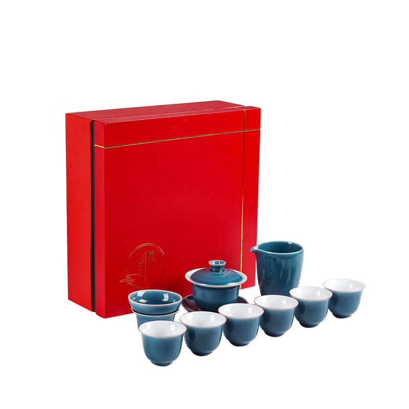 苏客 茶具套装陶瓷家用简约办公室茶壶茶杯盖碗茶碗泡茶功夫茶具礼盒装 盖碗套装(霁蓝)