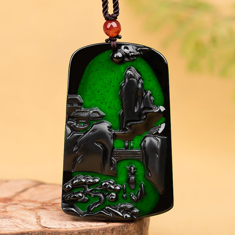 奢曼蒂(shemandi)天然墨翠a货翡翠墨玉山水牌玉石吊坠挂件玉佩男女款