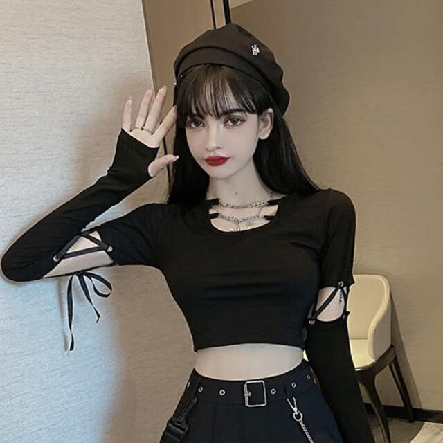 moring bull舞辣妹长袖学生正肩t恤女露脐黑暗系超酷绑带短款露脐长袖