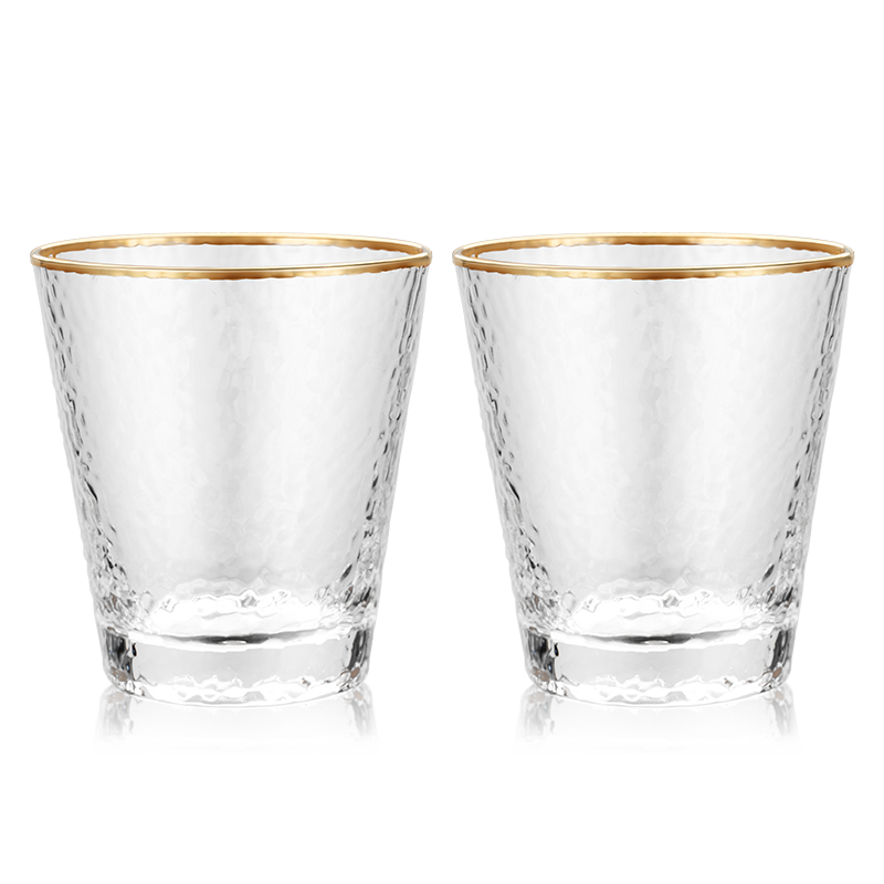 佳佰 玻璃杯套装 家用水杯 水晶耐热玻璃水杯果汁杯茶杯 锤纹金边360ml 两支装
