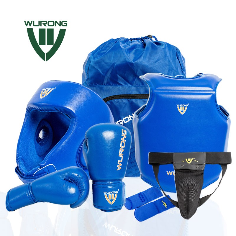 WURONG 散打护具全套拳击格斗训练6件套装散打服红色蓝色可选-WR3005