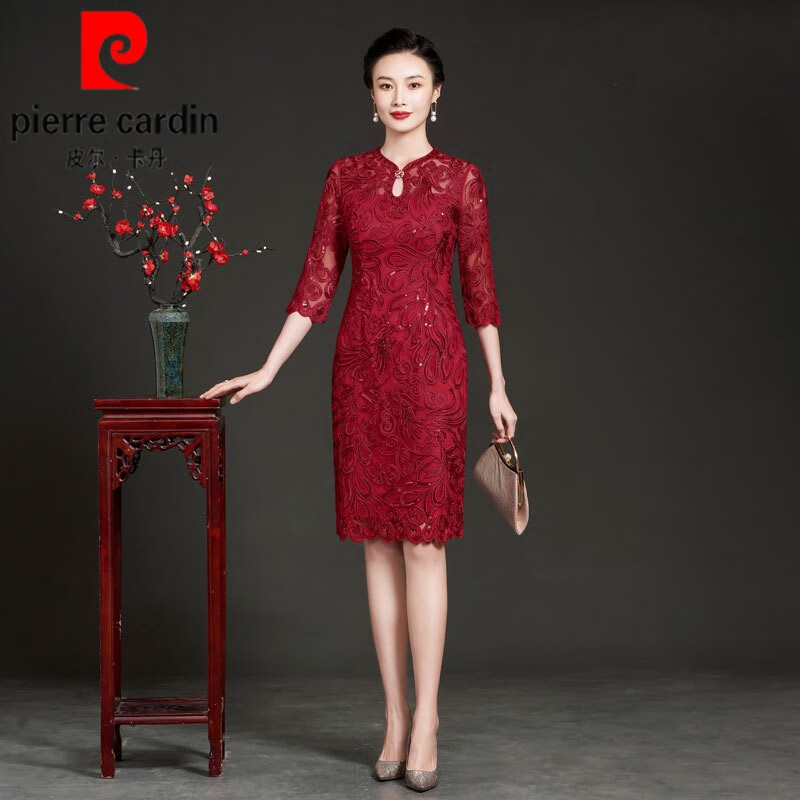 皮尔卡丹（pierre cardin）2023新款小个子喜婆婆婚宴装大码婚礼妈妈礼服年轻蕾丝旗袍 酒红色 七分袖 L (100-110)斤使用感如何?