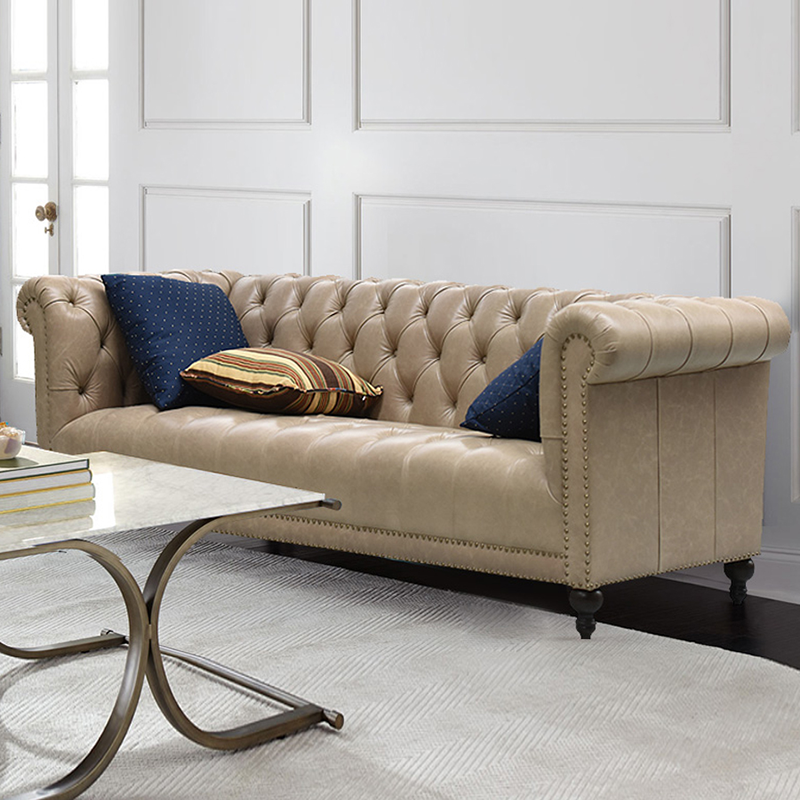 牛皮三人沙发欧式客厅双人沙发皮沙发拉扣复古皮艺沙发 浅咖色/超纤皮