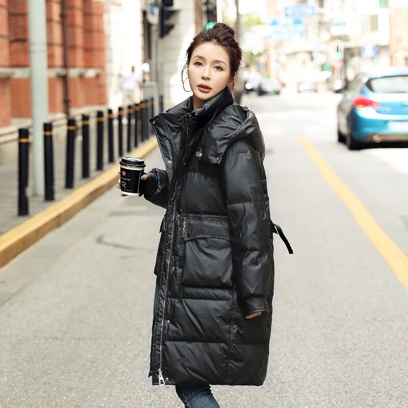 新款羽绒服女中长款气质时尚宽松百搭加厚免洗亮面外套 黑色 免洗面料