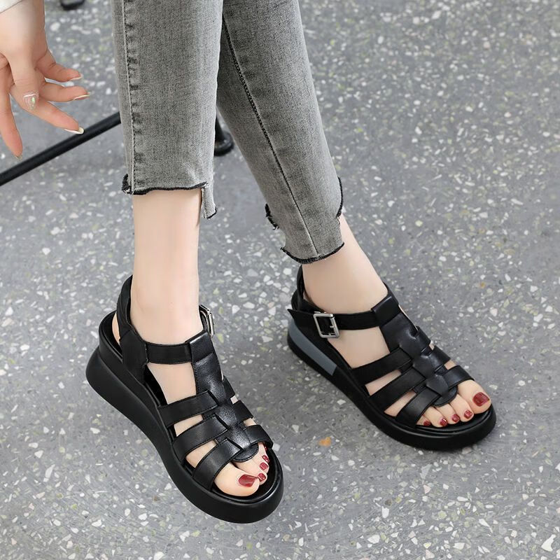 佑莱迈厚底小个子罗马凉鞋女生的天菜鞋坡跟皮质女鞋夏季高跟时尚松糕