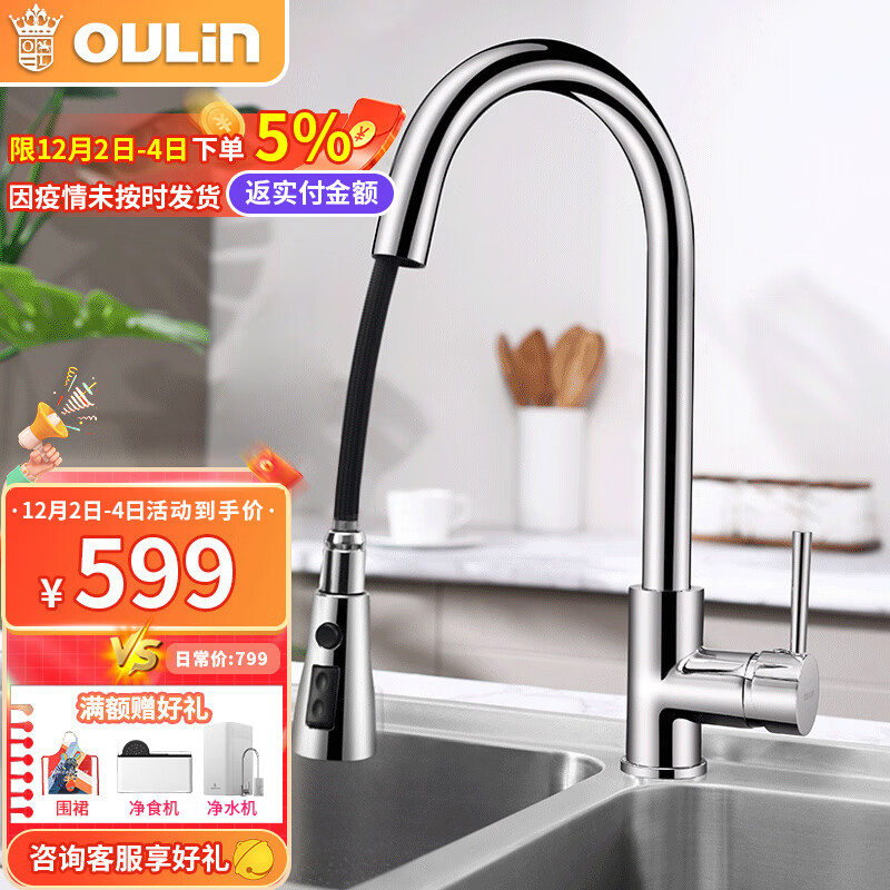 欧琳（OULIN）厨房洗菜盆水龙头冷热抽拉式万向菜盆龙头双出水模式OL-CFL002