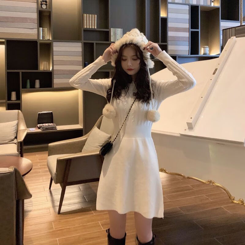 长款内搭打底毛衣裙子女秋冬装小个子收腰显瘦打底针织连衣裙 米白色