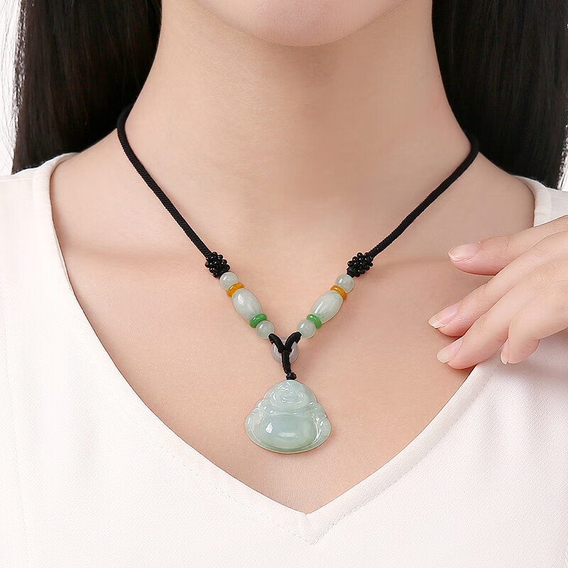 东方雅翠 翡翠佛吊坠 冰糯种弥勒佛公玉坠玉石项链女