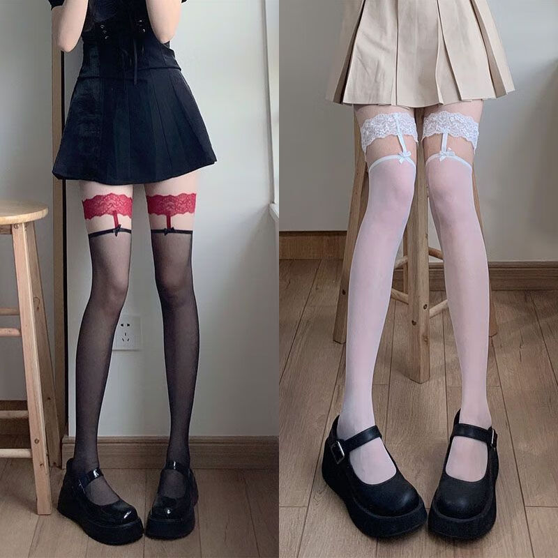 新品丝袜情趣诱惑黑丝情趣蕾丝花边红边黑丝镂空吊带过膝袜白色大腿长