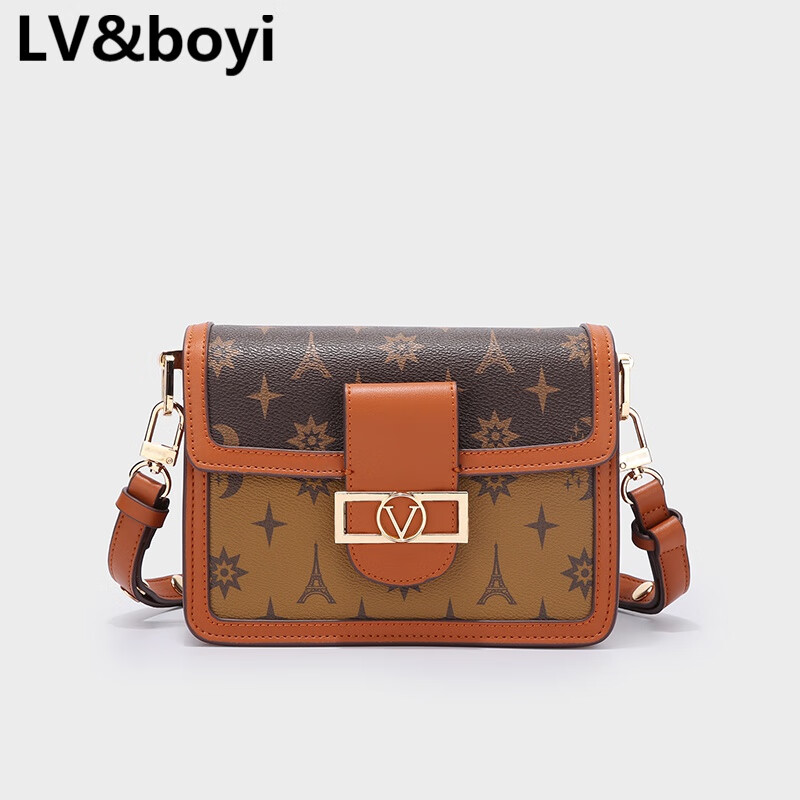 lvboyi包包2023新款巴黎铁塔印花磁扣潮流拼色单肩邮差包 咖色中号 看