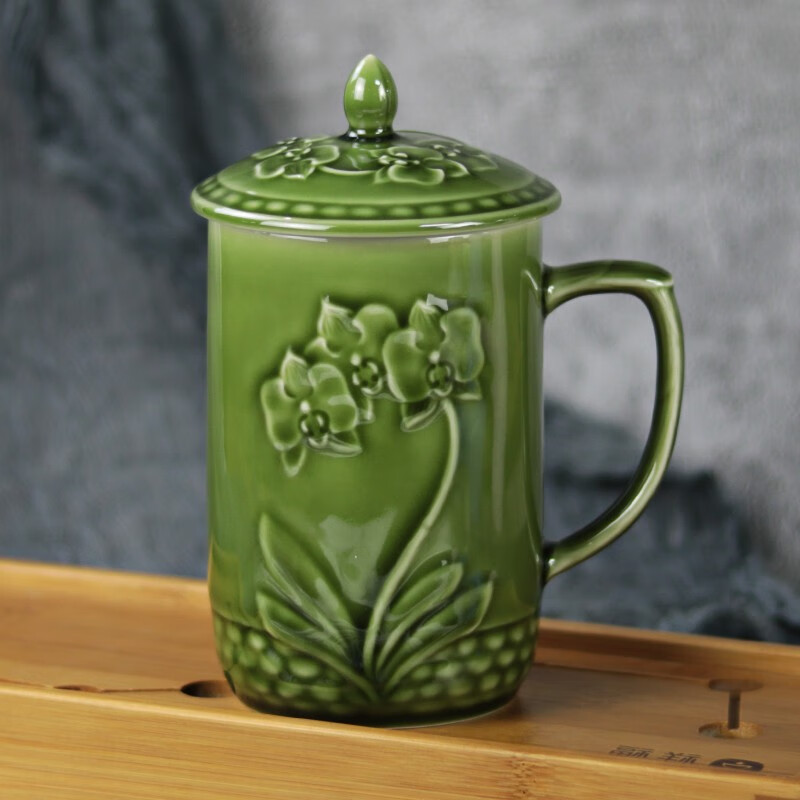 乾唐轩活瓷杯【官方授权】蝴蝶兰花高杯陶瓷杯办公茶杯水杯带盖送人礼品 耀州绿