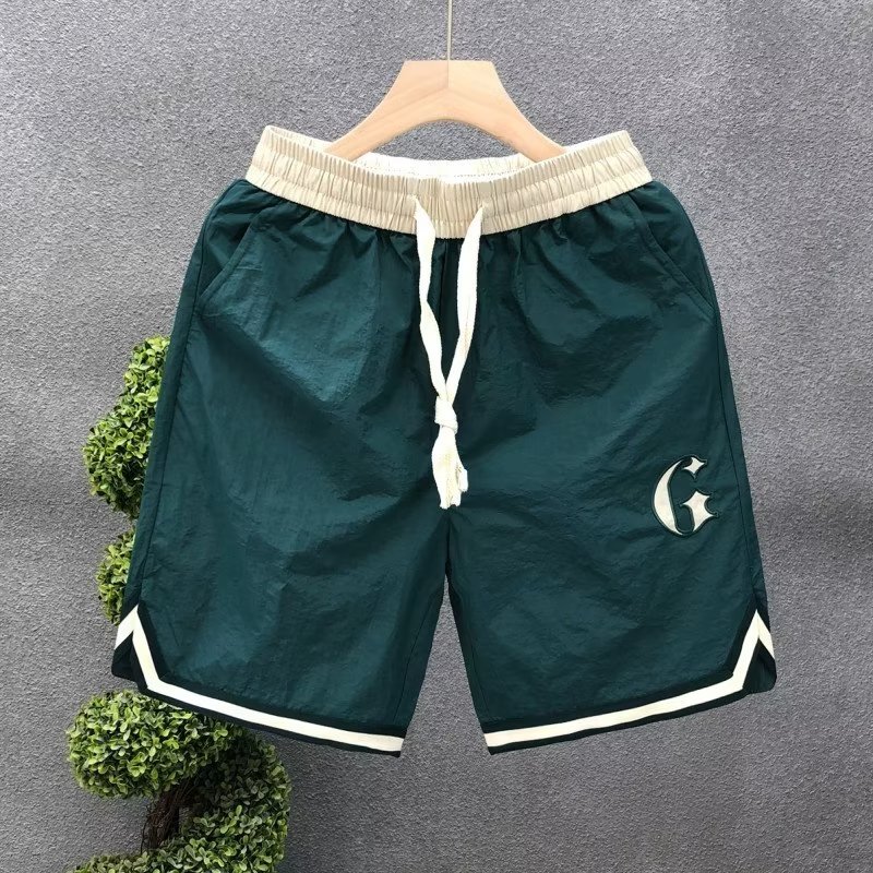沐发五分裤男夏季刺绣速干裤衩子外穿潮牌时尚美式青少年跑步直筒短裤 绿色 XL 推荐130-140 京东折扣/优惠券