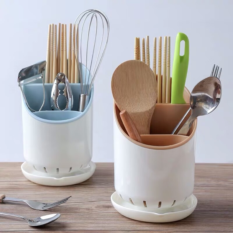 筷子筒家用塑料沥水筷子架勺子置物架筷子笼多功能厨房餐具收纳盒 米色