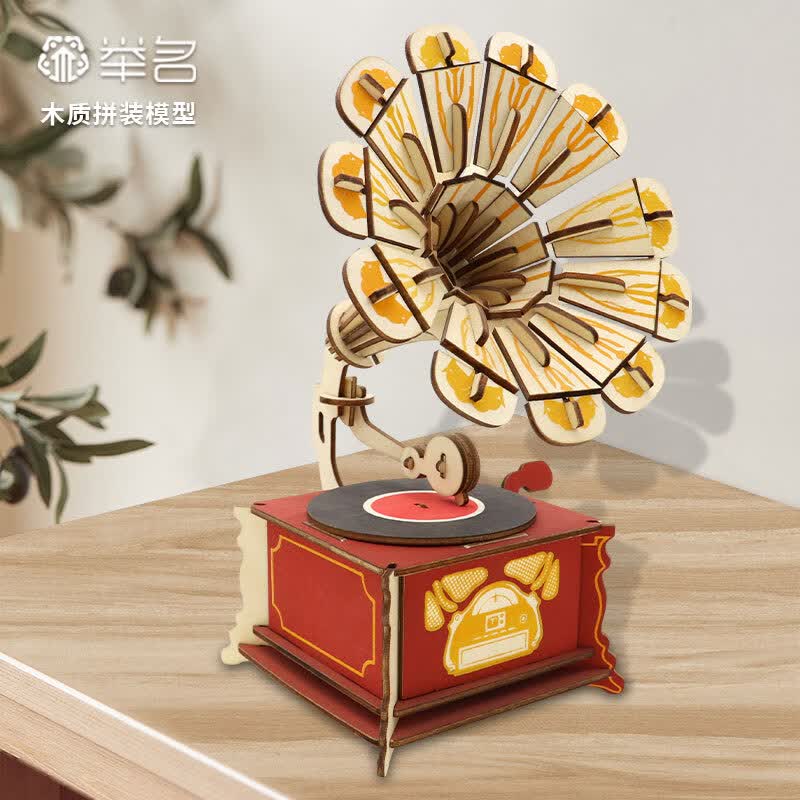 举名立体拼图3d木质拼装模型地球仪儿童益智玩具女生手工diy积木礼物 HG留声机