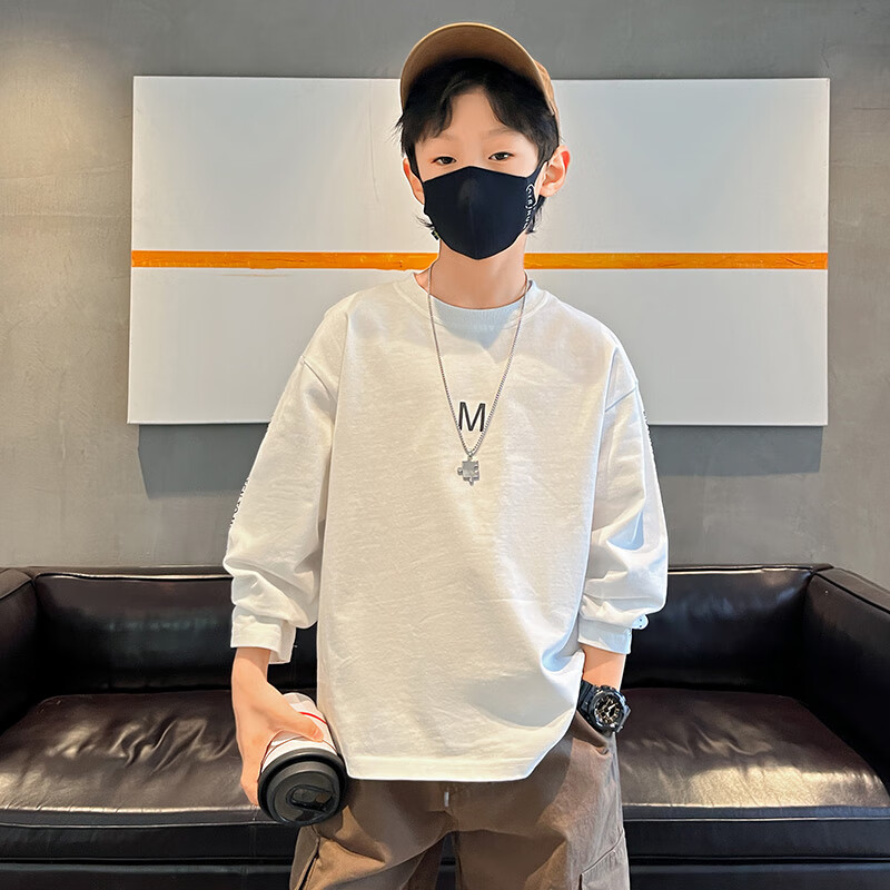 晰翊儿童装男童春装长袖2024新款春秋款t恤打底衫纯棉春季上衣潮 白色