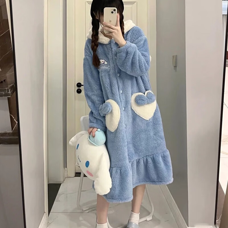 诗莉奥(SHILIAO)可爱珊瑚绒睡衣女冬季睡裙加绒加厚加厚保暖学生可爱加厚珊瑚绒 玉桂狗睡袍+裤子 均码 【适合80-160斤】