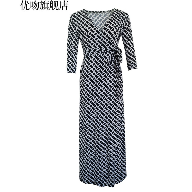優(yōu)吻（YOUWen） 連衣裙女明星同款2024春夏新品鎖鏈印花修身顯瘦度假裹身裙 黑白鎖鏈無領(lǐng)長款 M