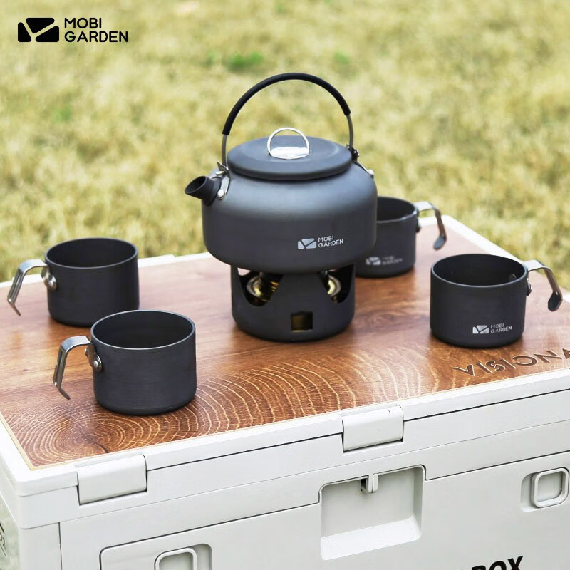 牧高笛户外露营烧水壶铝合金便携野营铝壶功夫茶壶野外泡茶壶 0.8烧水壶+酒精炉+4水杯