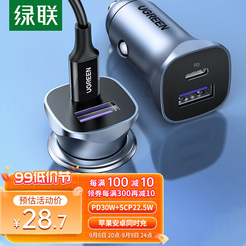 绿联车载充电器苹果14PD30W超级快充头一拖二车充汽车点烟器USB口转换属于什么档次？