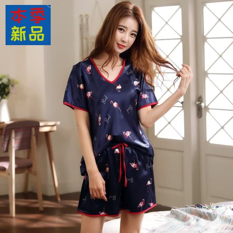 佧森滋睡衣女夏冰丝短袖印花性感薄款韩版家居服夏天女人丝绸短裤两件