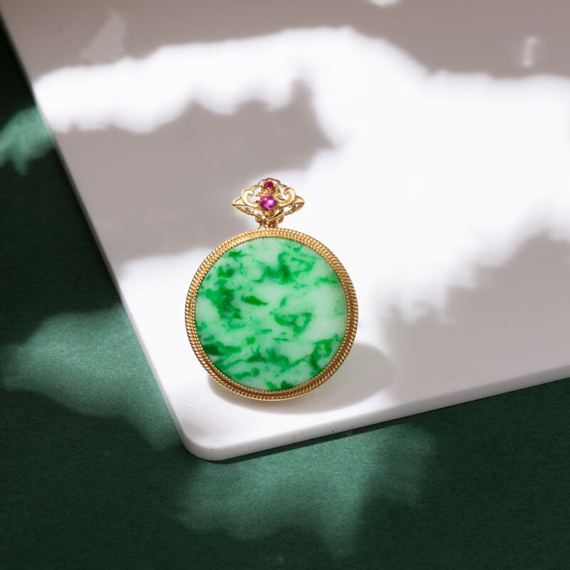 珠佩丽翡翠无事牌翡翠无事牌吊坠圆坠古法金镶嵌平安挂坠玉坠冰糯种阳
