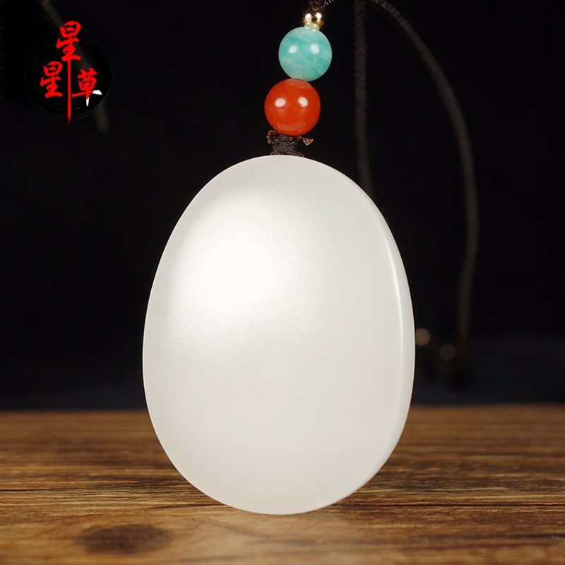 星星草老坑和田玉羊脂白玉平安无事牌吊坠男女椭圆玉石项链挂件玉佩