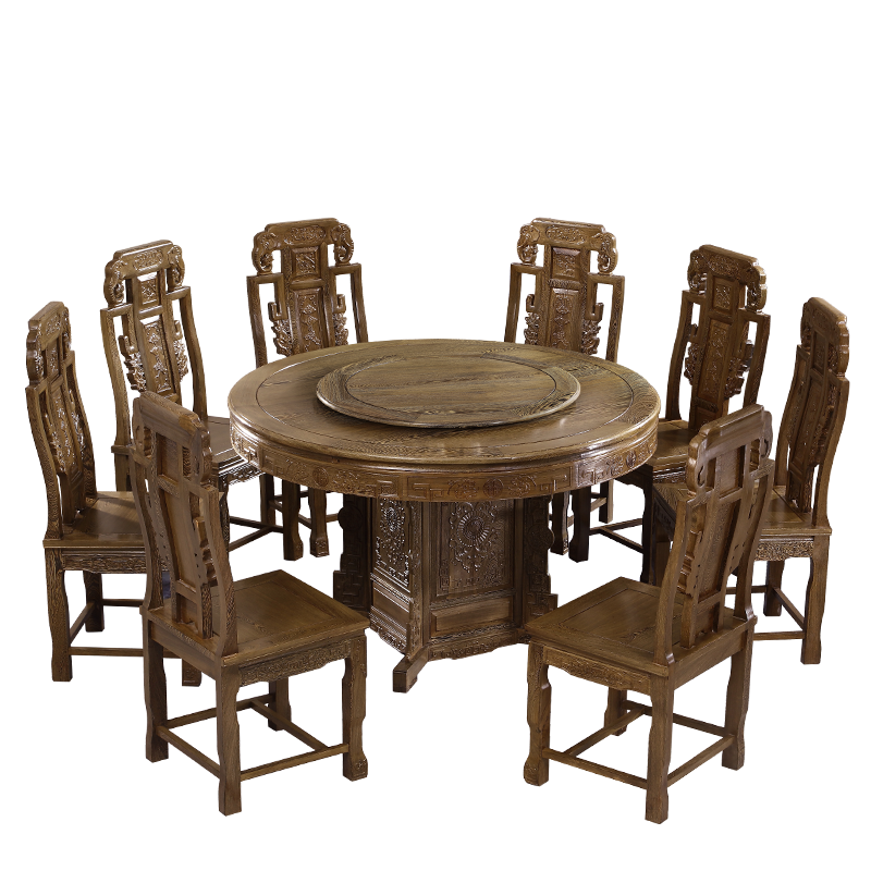 木中央 红木家具 非洲鸡翅木(学名:非洲崖豆木)中式餐桌椅组合 实木象头圆形餐台饭桌 1.28米圆桌+6椅(带转盘)