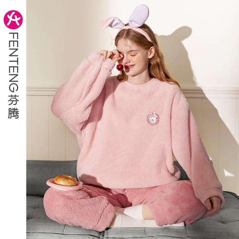 芬腾【羊羔绒】情侣睡衣女秋冬新款加厚珊瑚绒加大码家居服男套头套装 初恋粉【单女款】 M 建议:女90-110斤,男100-120斤