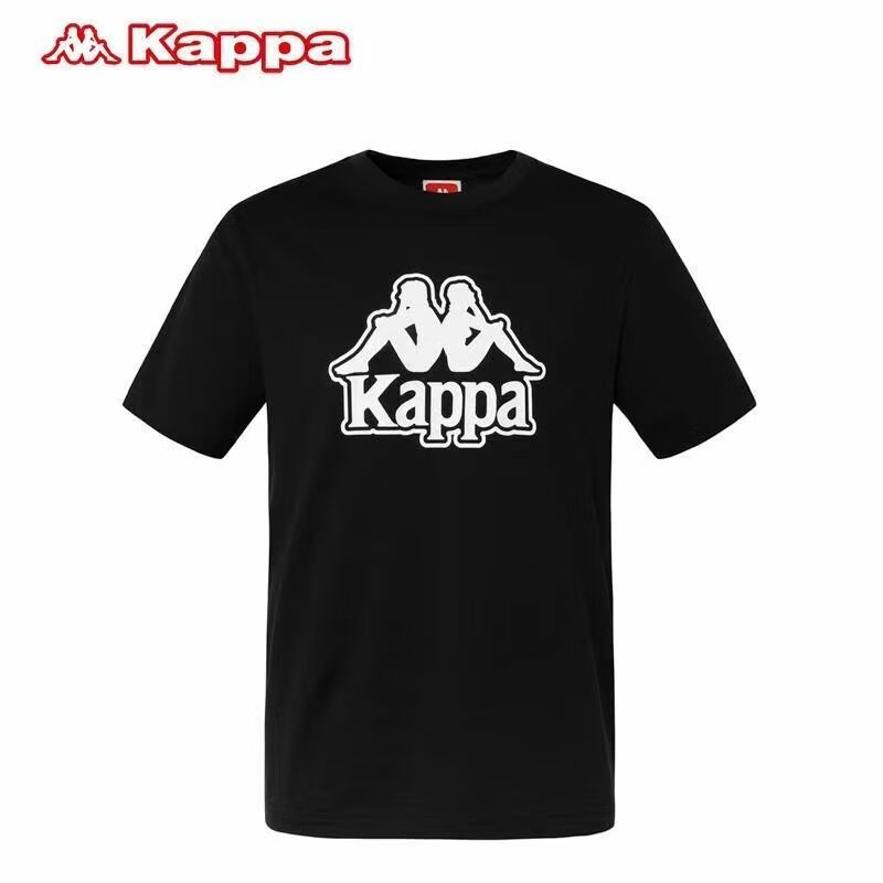 kappa卡帕纯棉新款男女运动短袖t恤宽松圆领休闲上衣半袖 黑色胸前大