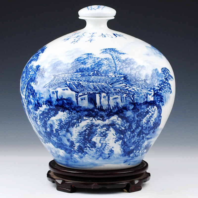 哦咯景德镇手绘青花山水画陶瓷泡酒瓶15斤装酒坛酒罐收藏 坛酒罐收藏