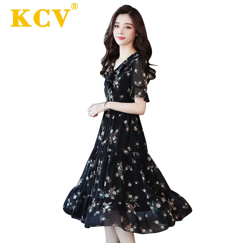 KCV女装碎花雪纺连衣裙气质显瘦荷叶袖印花V领小个子流行减龄裙 黑色碎花 L(建议105-120斤)
